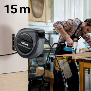 Avvolgitubo automatico per aria compressa 15 m, avvolgitubo in acciaio, 17 bar, con supporto girevole a 180°