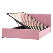 Letto contenitore Rivestimento in velluto rosa 140 x 200 cm con testiera trapuntata a diamante con base a doghe