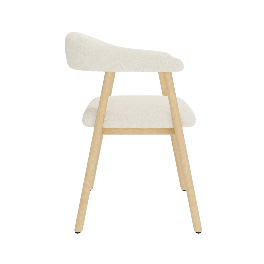 Set di 4 sedie da pranzo 60.5x57.0x79.5 cm con schienale ergonomico a C; legno e bouclé; naturale