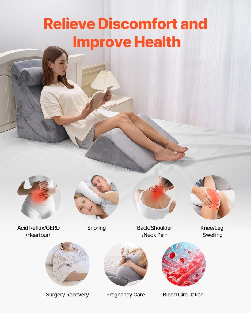 KD016 Set 4 Cuscini a Cuneo Regolabili in Memory Foam e Velluto Grigio Scuro per Letto Supporto Ergonomico
