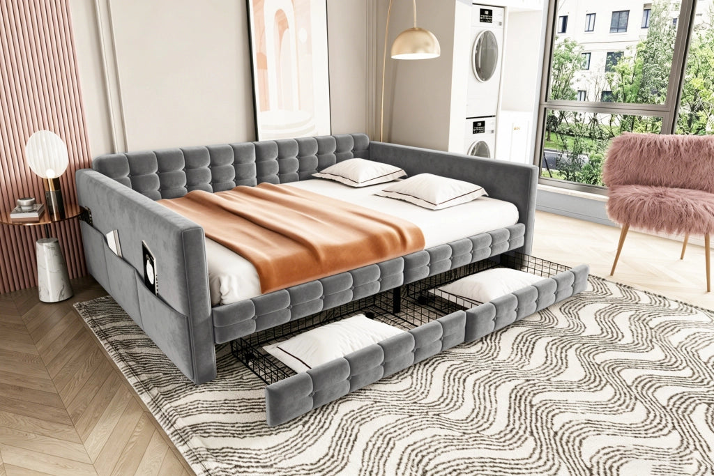 Letto imbottito contenitore 140x190, velluto grigio, testiera a quadri, 2 cassetti e tasche laterali