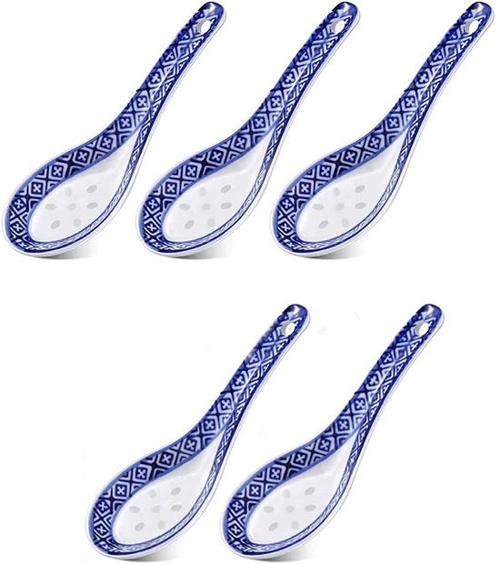 Set di cucchiai in porcellana da 5 pezzi - cucchiaio da dessert - cucchiaio da zuppa - bestia da antipasto - design blu/bianco