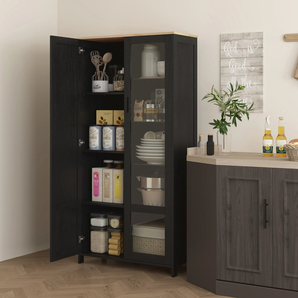Armadio Cucina con Ante Vetro a 9 Ripiani Regolabili ¨C zephmum ¨C Legno e Nero 76x36x160 cm
