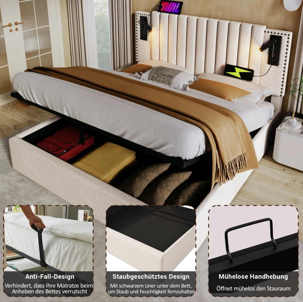 Letto matrimoniale 140x200 beige con contenitore e materasso
