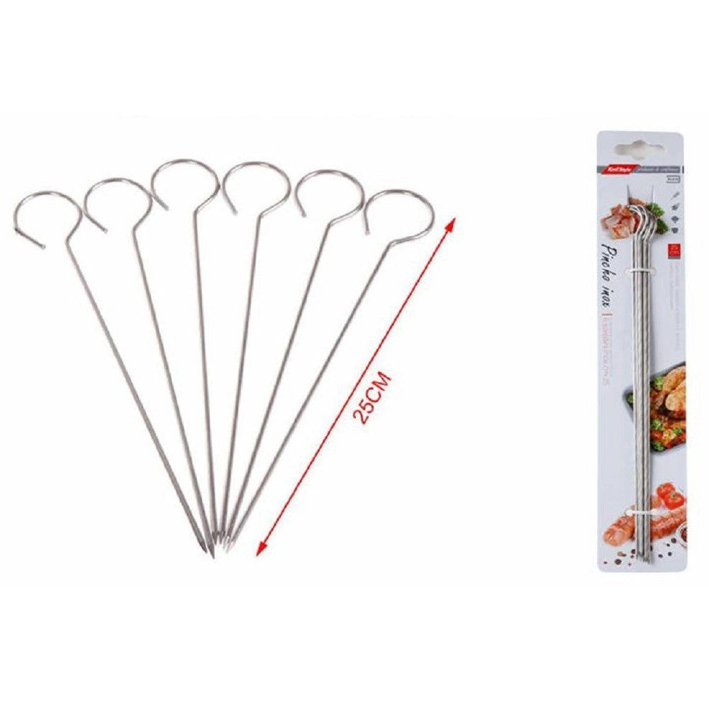 Trade Shop - Set 10 Spiedini In Acciaio Inox 25 Cm Impugnatura Uncino Per Griglia Bbq 2406315 -