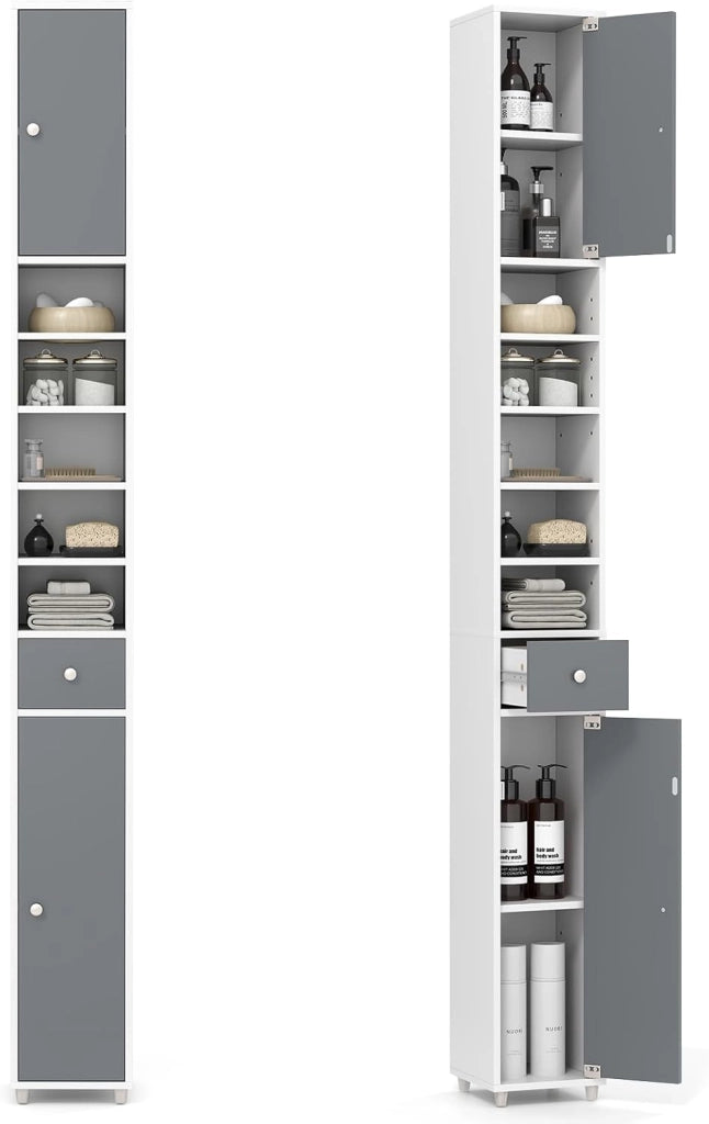 Mobile Bagno Salvaspazio con Luce, Colonna Bagno con Scomparti Aperti in Vetro, Ripiani Regolabili, 1 Cassetto e 1 Gancio Laterale per Spazi Ridotti 20 x 20 x 181 cm (4 Ripiani con Luce, Nero)