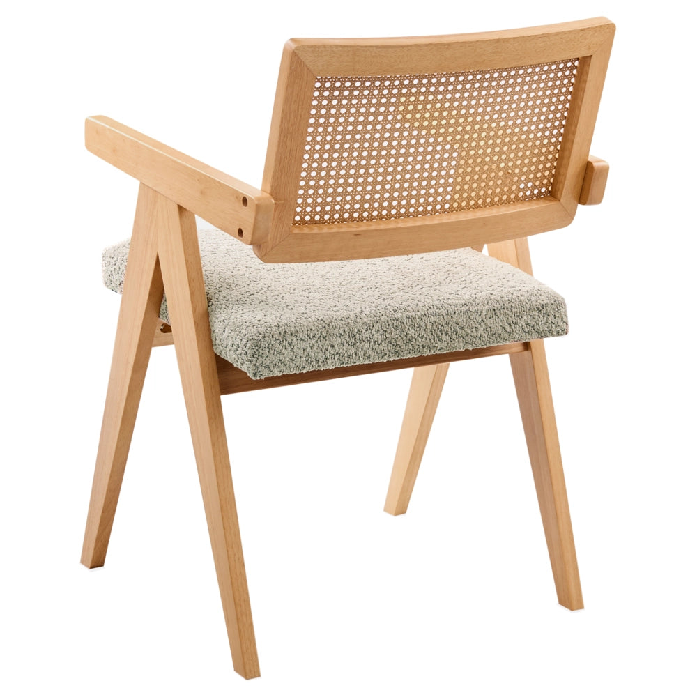 Set di 2 sedie da pranzo marrone chiaro e tortora con rivestimento bouclé e struttura in legno di gomma per sala da pranzo e cucina in stile retrò