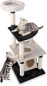 Albero per Gatti, Tiragraffi per Gatti con Tiragraffi in Sisal e Tavole, Piattaforma Arcuata, Posatoio Imbottito in Cima, Condominio con Buco e Piattaforma Arcuata