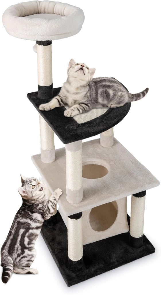 Albero per Gatti, Tiragraffi per Gatti con Tiragraffi in Sisal e Tavole, Piattaforma Arcuata, Posatoio Imbottito in Cima, Condominio con Buco e Piattaforma Arcuata