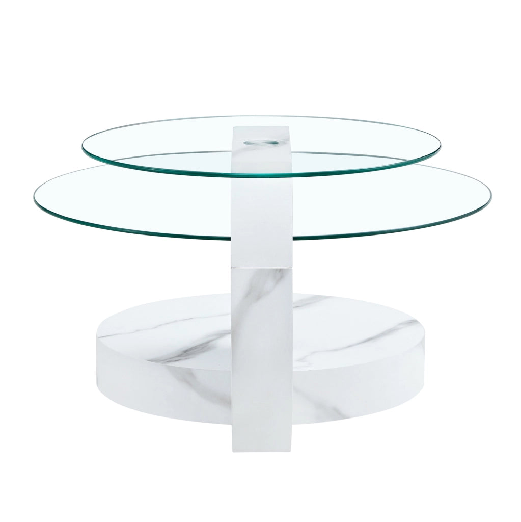 Tavolino da caffè a livelli in MDF e vetro di sicurezza; effetto marmo bianco; ? 50/70 cm