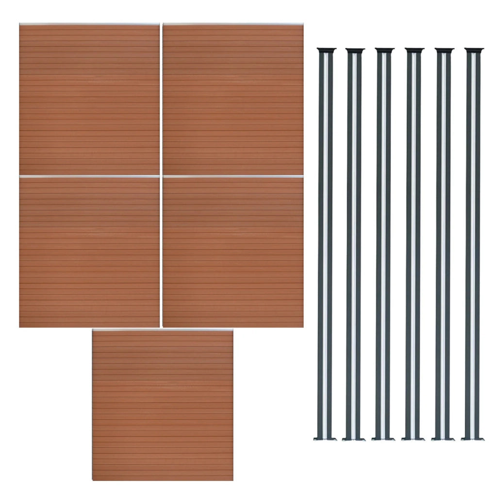 Pannelli Recinzione x5 + 6 Pali Alluminio LED Marrone Doghe PVC 185cm
