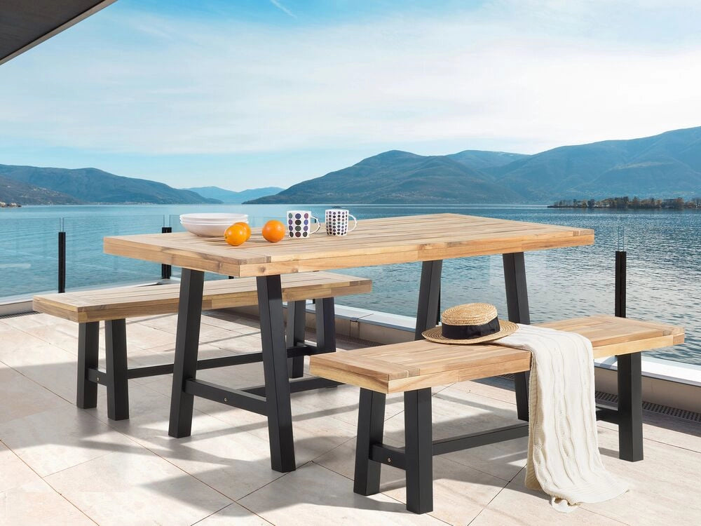 Panca da pranzo da giardino a 2 posti Sedile in legno chiaro Gambe nere Rustico Country Garden interno esterno