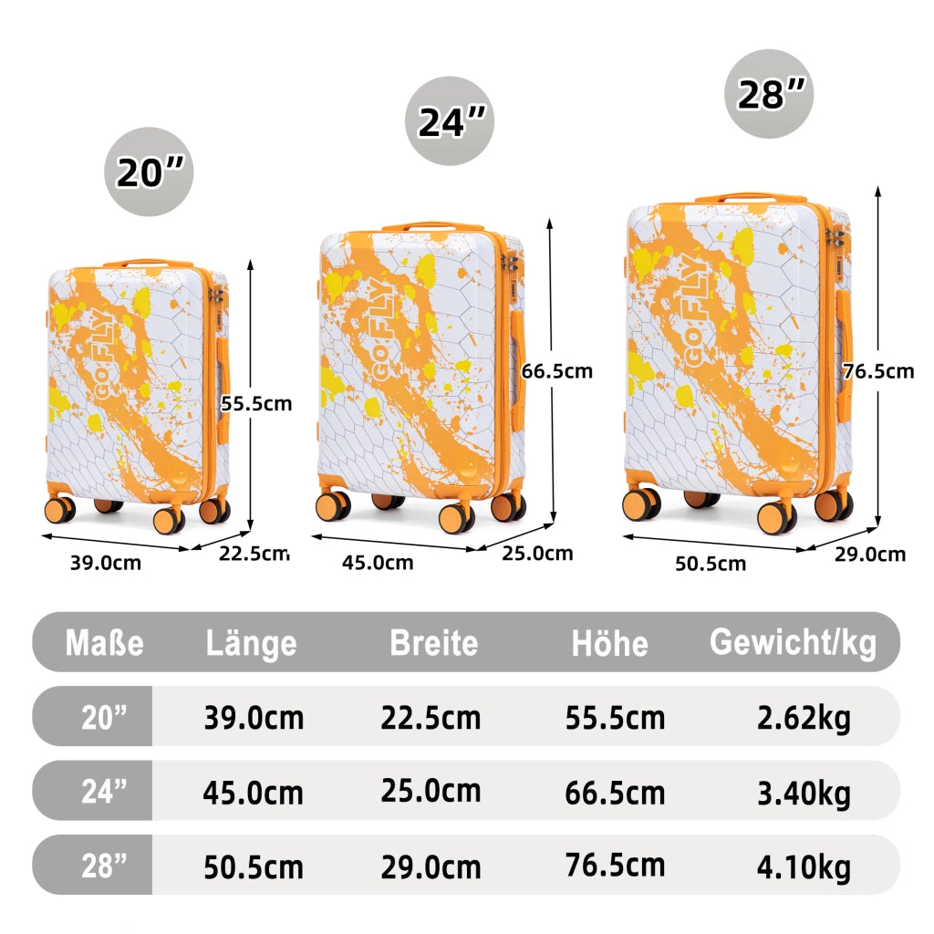 Valigie set da 3 rigide con stampa a spruzzi e struttura a nido d'ape, chiusura a combinazione, in PC arancione