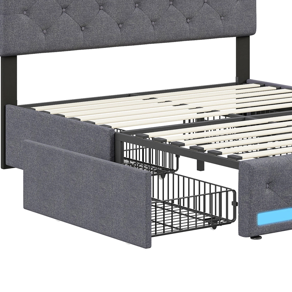 Letto matrimoniale contenitore 160x200 cm con testiera regolabile LED e porte USB struttura letto con 4 cassetti in legno lino grigio