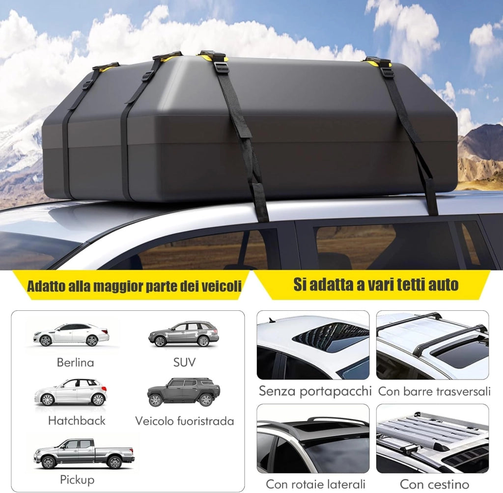 Borsa da Tetto per Auto Impermeabile 15Cu.Ft/425L, Box Tetto Universale con Tappetino Antiscivolo+ 12 Cinghie+ 6 Ganci, Sacca per Auto con/senza Barre Portapacchi(Nero)