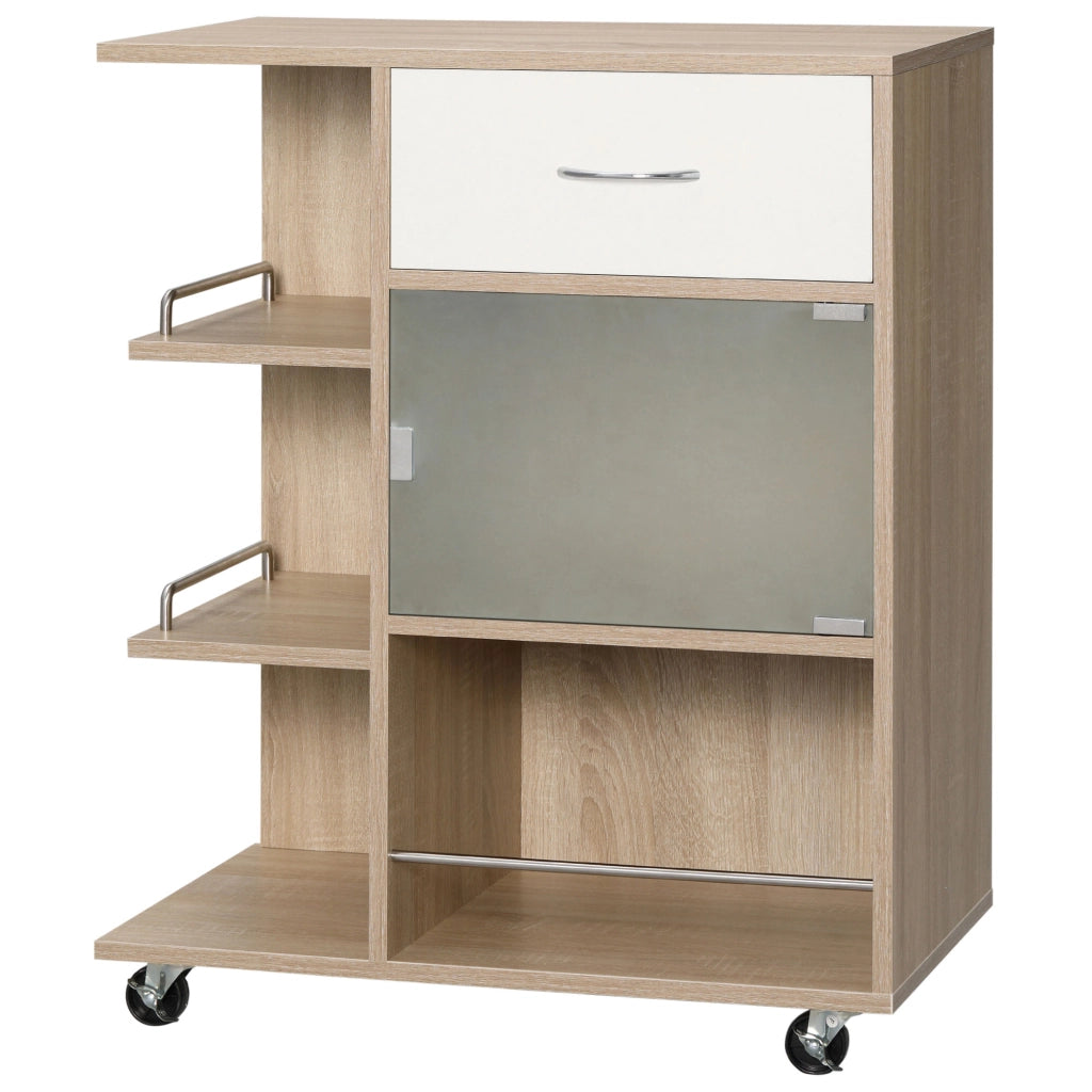 Carrello Portavivande con Cassetto, Ripiani e Armadietto in Legno, Acciaio e Vetro ¨C zephmum ¨C 65x39x80