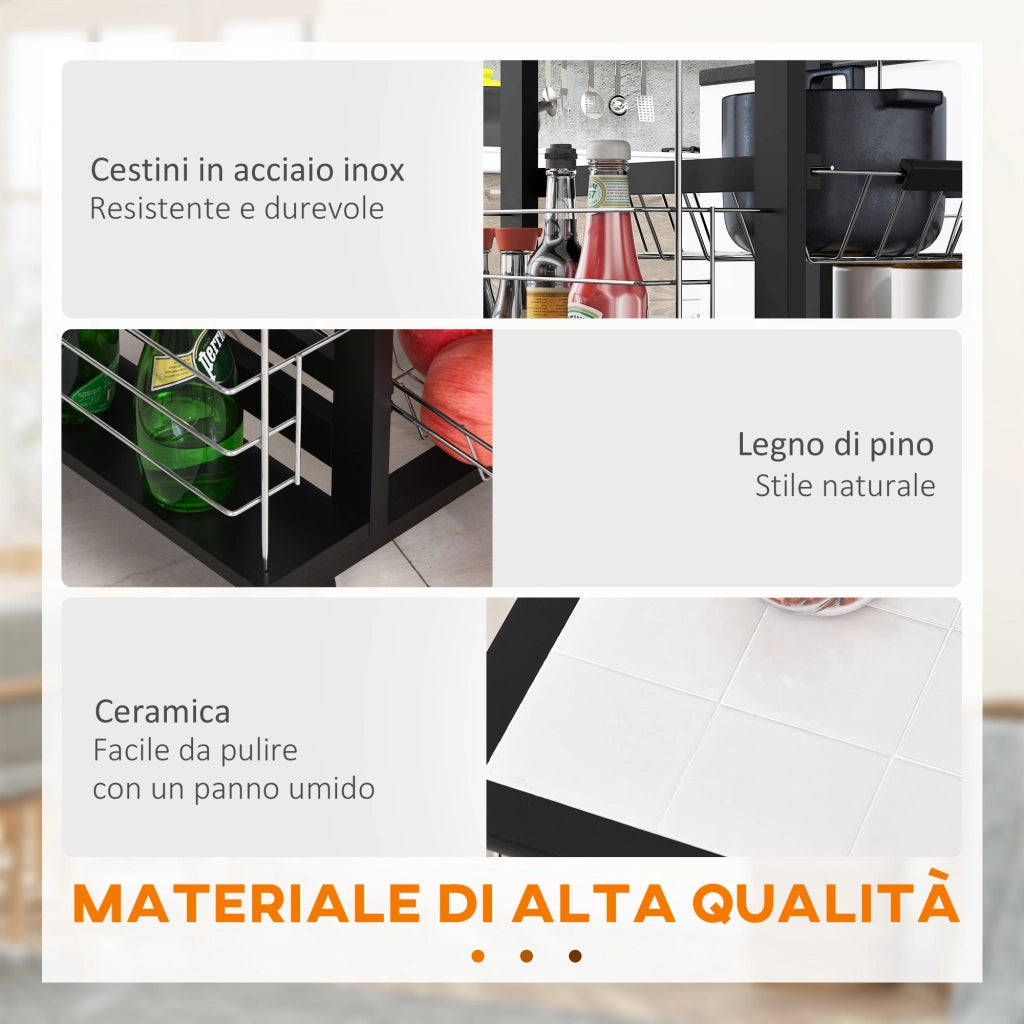 Carrello da Cucina con Cassetto ¨C Xylo ¨C 4 Cesti Estraibili, Piano Ceramica, 57x37x83cm Nero