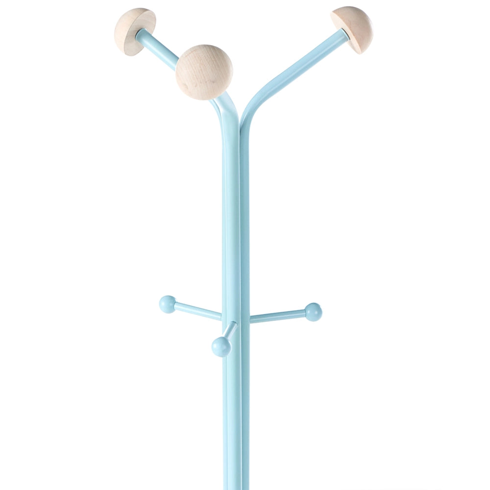 Appendiabiti in acciaio blu chiaro, 176 cm, appendiabiti da terra con dettagli in legno e 6 ganci, moderno per ingresso
