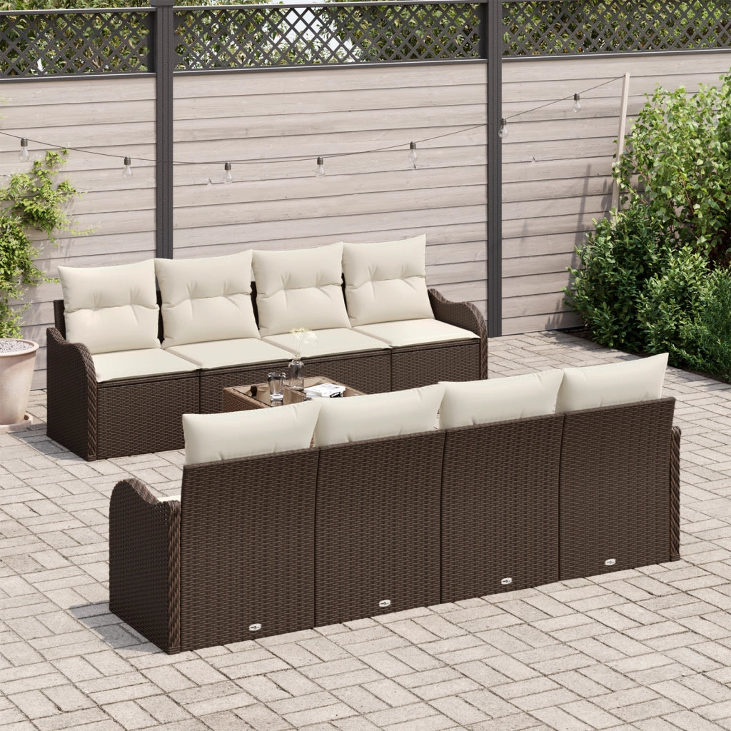 Set Divano da Giardino 9 Pezzi con Cuscini Marrone Polyrattan