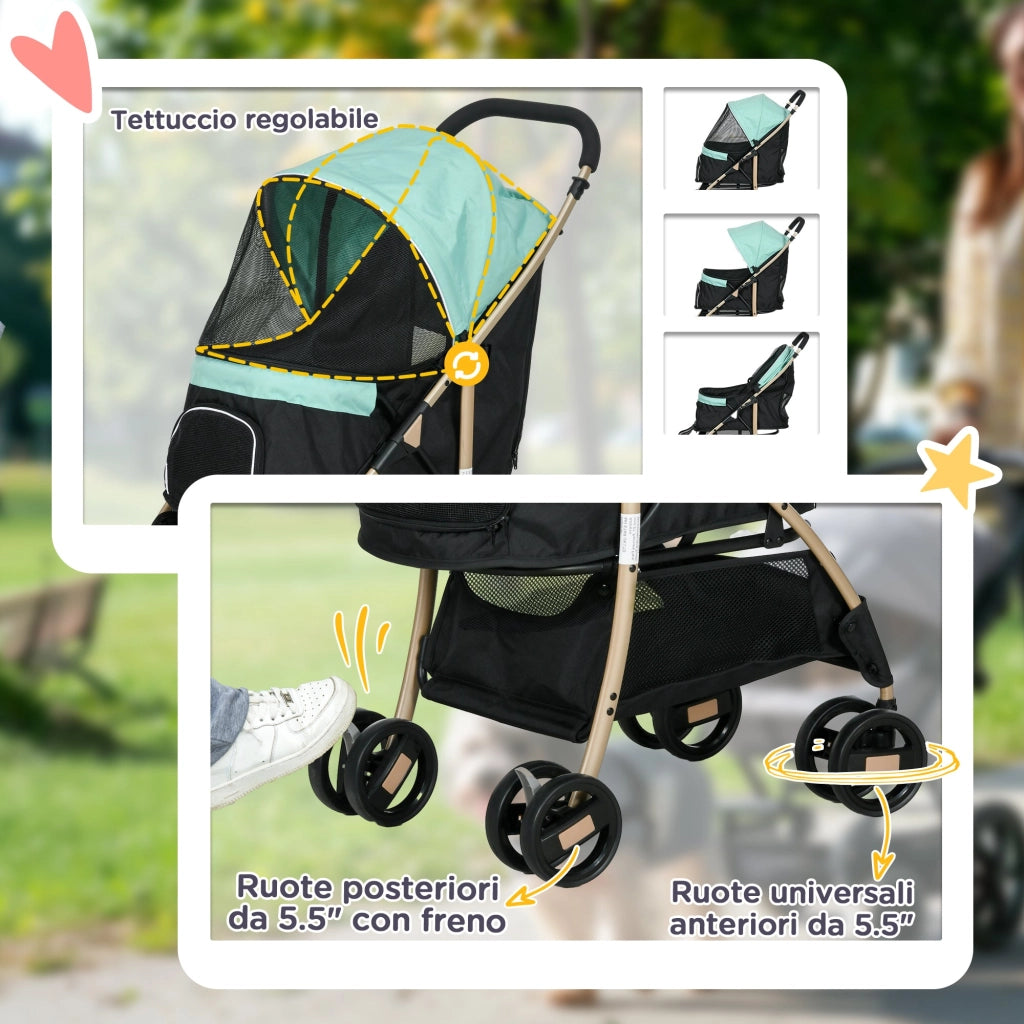 Passeggino per Cani Piccoli Pieghevole con Guinzaglio Integrato Verde