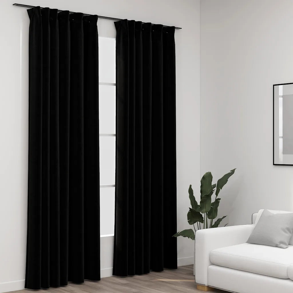 Tende Oscuranti | Tende Blackout con Ganci Effetto Lino 2 pz Nere 140x245 cm