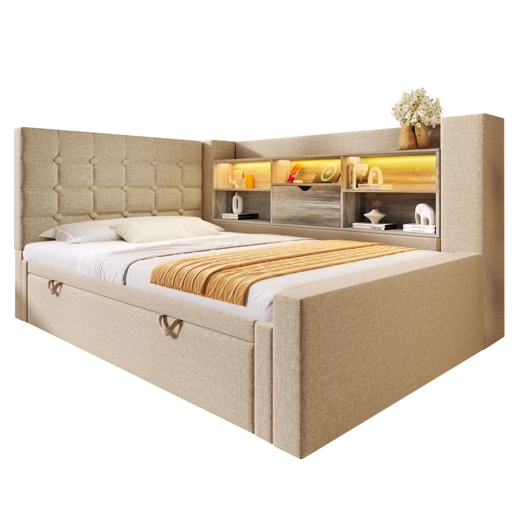Letto imbottito 90x200 cm con letto estraibile, LED, prese USB, testiera L reversibile e contenitore