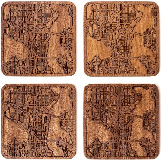 Seattle cartelle di sostegno in legno di sapello, 4 pezzi, con mappa della città, opzioni multiple di città, manufatti a mano