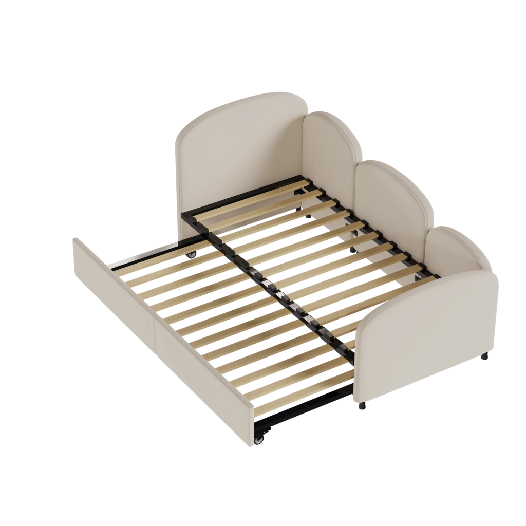 Letto per bambini 90 × 200 cm con cassetto, barriera di sicurezza, senza materasso, in velluto, beige