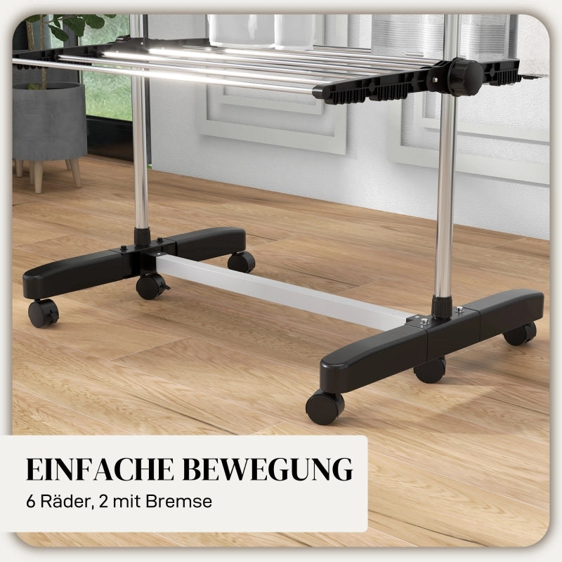 Stendibiancheria a 5 ripiani, pieghevole, con sistema one-click, 142 cm x 55 cm x 172 cm, nero + argento