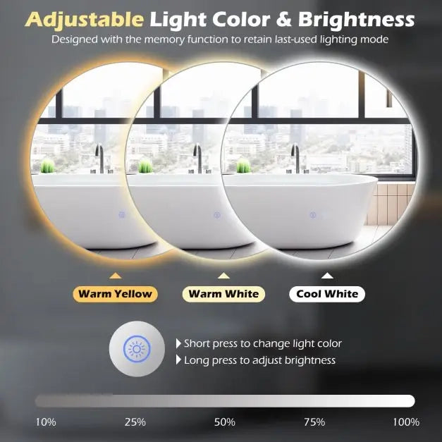 Specchio Bagno LED Rotondo Ø60 cm Touch Smart con Antiappannamento e Luce Regolabile Vetro Temperato da Parete