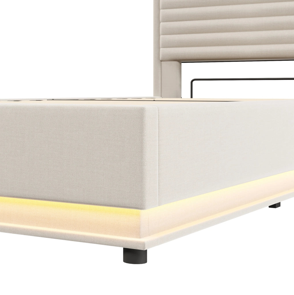 Letto imbottito 90x200 cm con contenitore; LED e ricarica USB Type-C in lino beige