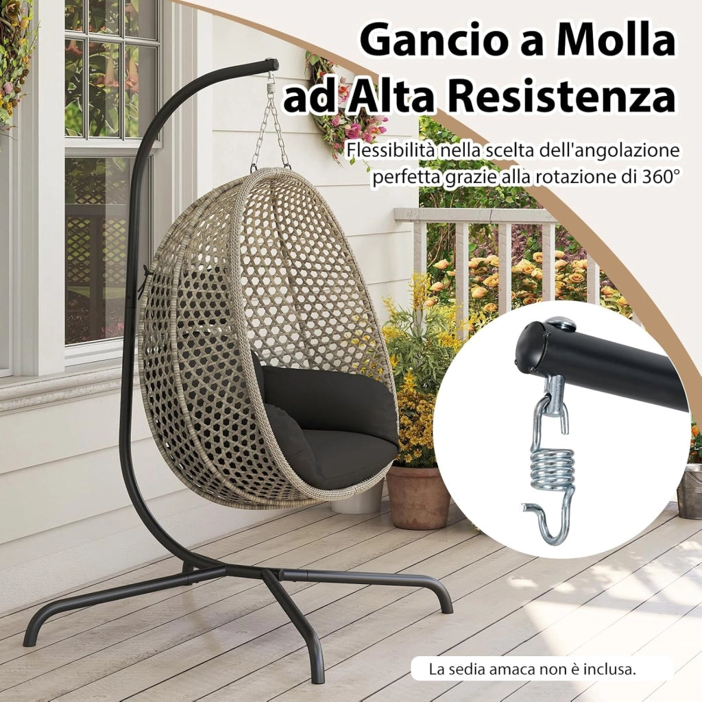 Set Sedia a Uovo Sospesa, Sedia Amaca con Cuscino, Set Altalena in Vimini da Interno/Esterno, Altalena da Giardino con Supporto in Metallo, Portata 150 kg