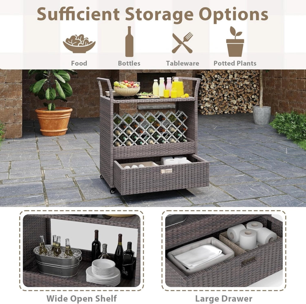 Carrello Bar da Esterno con Ruote, Carrello di Servizio in Rattan con Ripiano in Vetro Temperato, Scaffale di Stoccaggio e Cassetto Rimovibile per Veranda, Giardino e Bordo Piscina