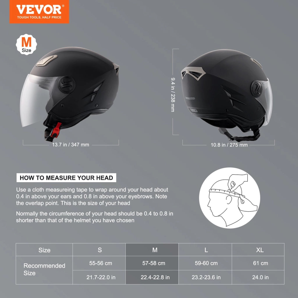 MD-202 Casco da Moto 3/4 in ABS con Doppia Lente Casco da Strada Ventilato e Resistente Taglia M