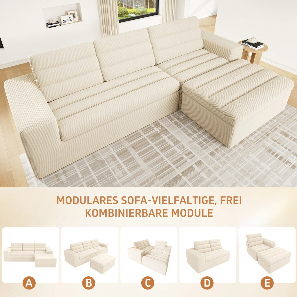 DIVANO Modulare angolare 253x161x89 cm tessuto a coste beige con pouf