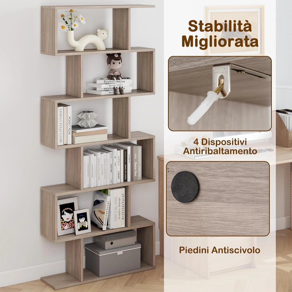 Scaffale a 6 Ripiani, Libreria a Forma di S, Libreria Scaffale da Terra in Legno, Divisorio per Soggiorno, Camera da Letto, Ufficio, 80 x 23 x 192 cm (Quercia)