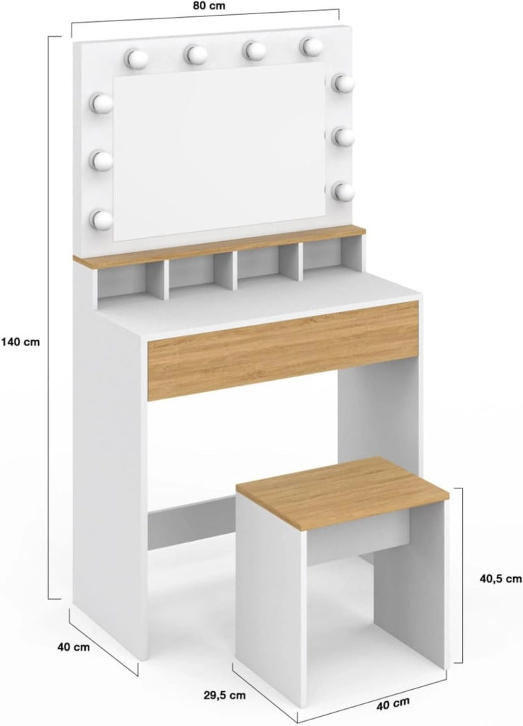 Mueble de tocador ZELIA blanco y haya con espejo LED, 4 huecos, 1 cajón y taburete