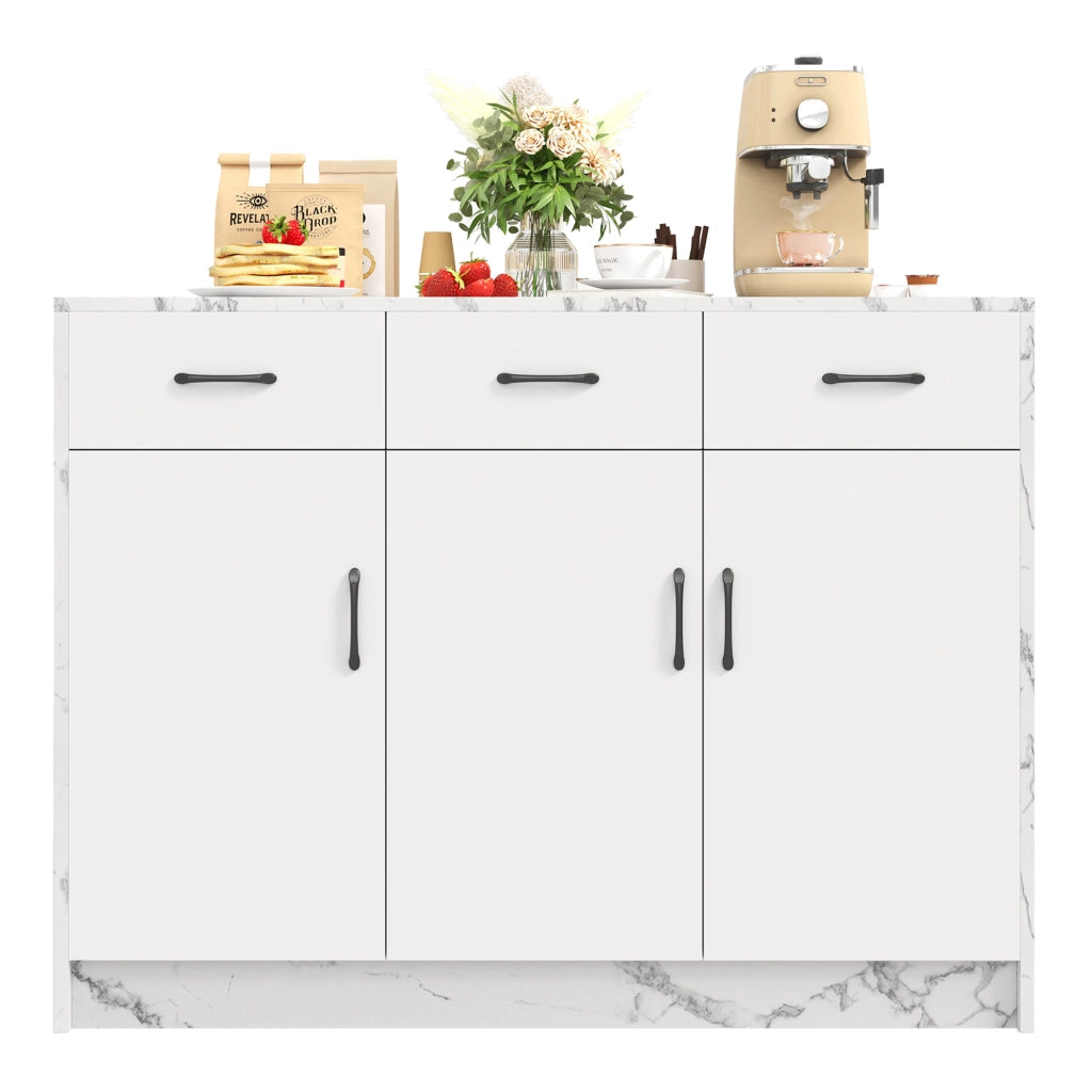 Isola da cucina moderna 120 x 60 x 90,5 cm con 3 cassetti, 3 ante e piano effetto marmo bianco