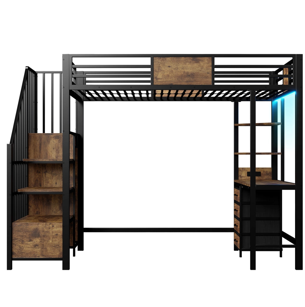 Letto a soppalco 90x200 cm in metallo con scrivania, ripiani, appendiabiti, LED e presa