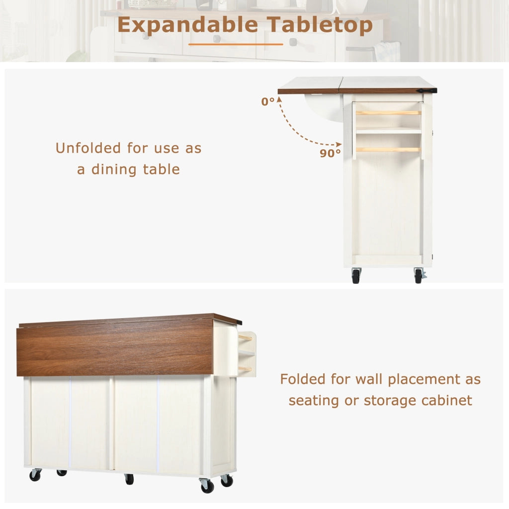 OKWISH Isola da Cucina con 4 Ante e 2 Cassetti, Piano Pieghevole, Portasciugamani e Ruote, per Cucina, MDF, Bianco