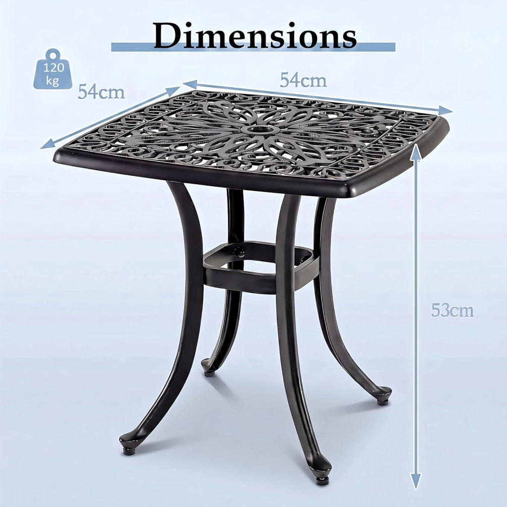 Tavolo da giardino con foro per ombrellone e motivo floreale decorativo, in alluminio pressofuso resistente alle intemperie, per gazebo, balcone e cortile, 54 x 54 x 53 cm