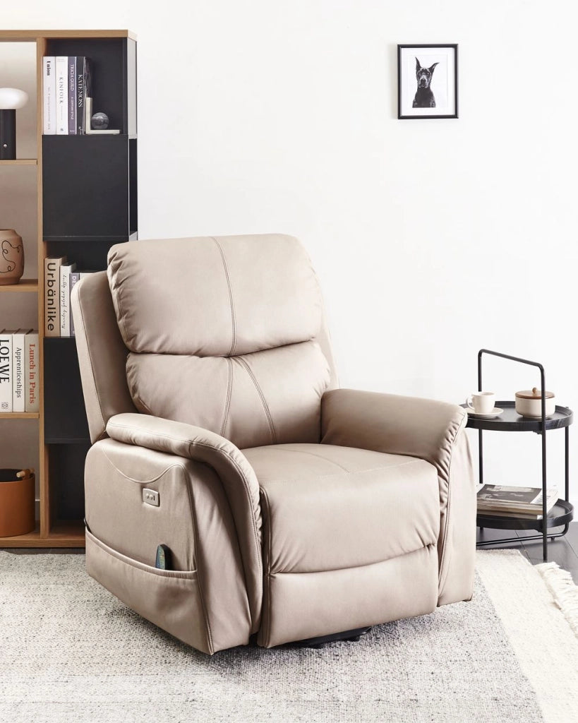 Poltrona elettrica riscaldabile reclinabile con funzione massaggio in ecopelle Taupe regolabile per il soggiorno moderno