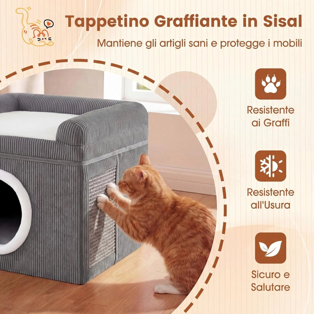 Cuccia per Gatti da Interno, Grande Casetta per Gattini a 2 Livelli con Condo Accogliente, Tappeto da Graffio in Sisal, Cuscino Morbido, Casetta Pieghevole per Animali (Grigio)