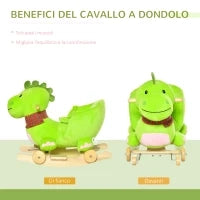 Cavallo a Dondolo con Ruote, Cavalluccio a Dondolo a Forma di Drago per Bambini 18-36 Mesi, in Legno e Peluche Verde
