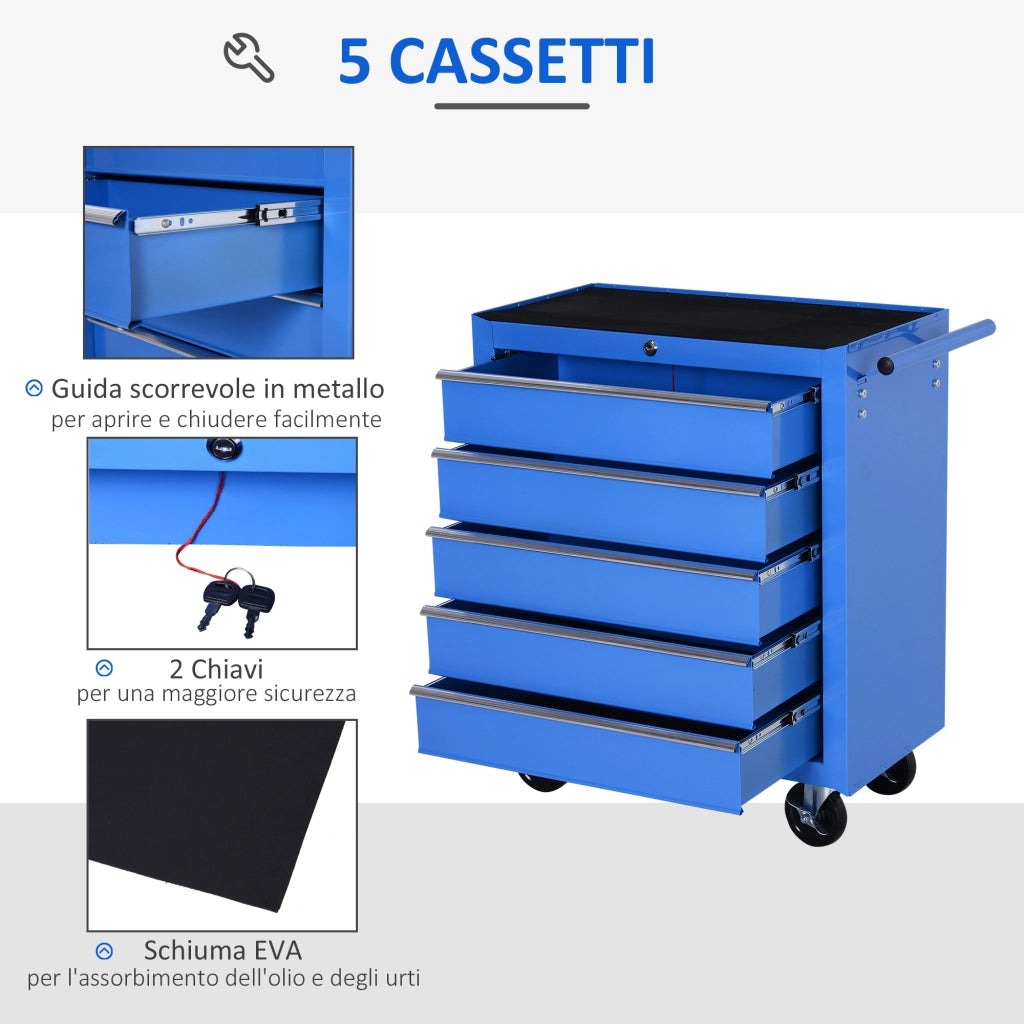 Carrello da Officina a 5 Cassetti con Ruote in Metallo Blu, 67.5x 33 x 77cm