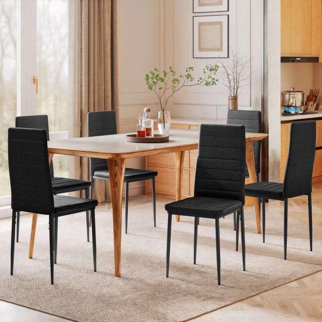 Set 6 Sedie da Pranzo Moderne ¨C Xylo ¨C Tessuto Lino Sintetico Nero, Schienale Alto, Gambe Metallo 41x50x97cm