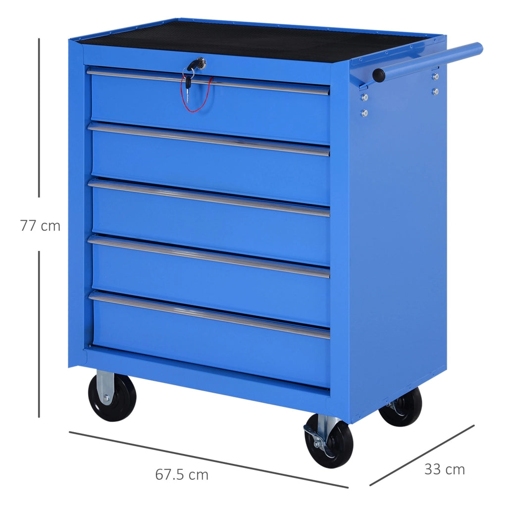 Carrello porta utensili con 5 cassetti, struttura in acciaio, blu