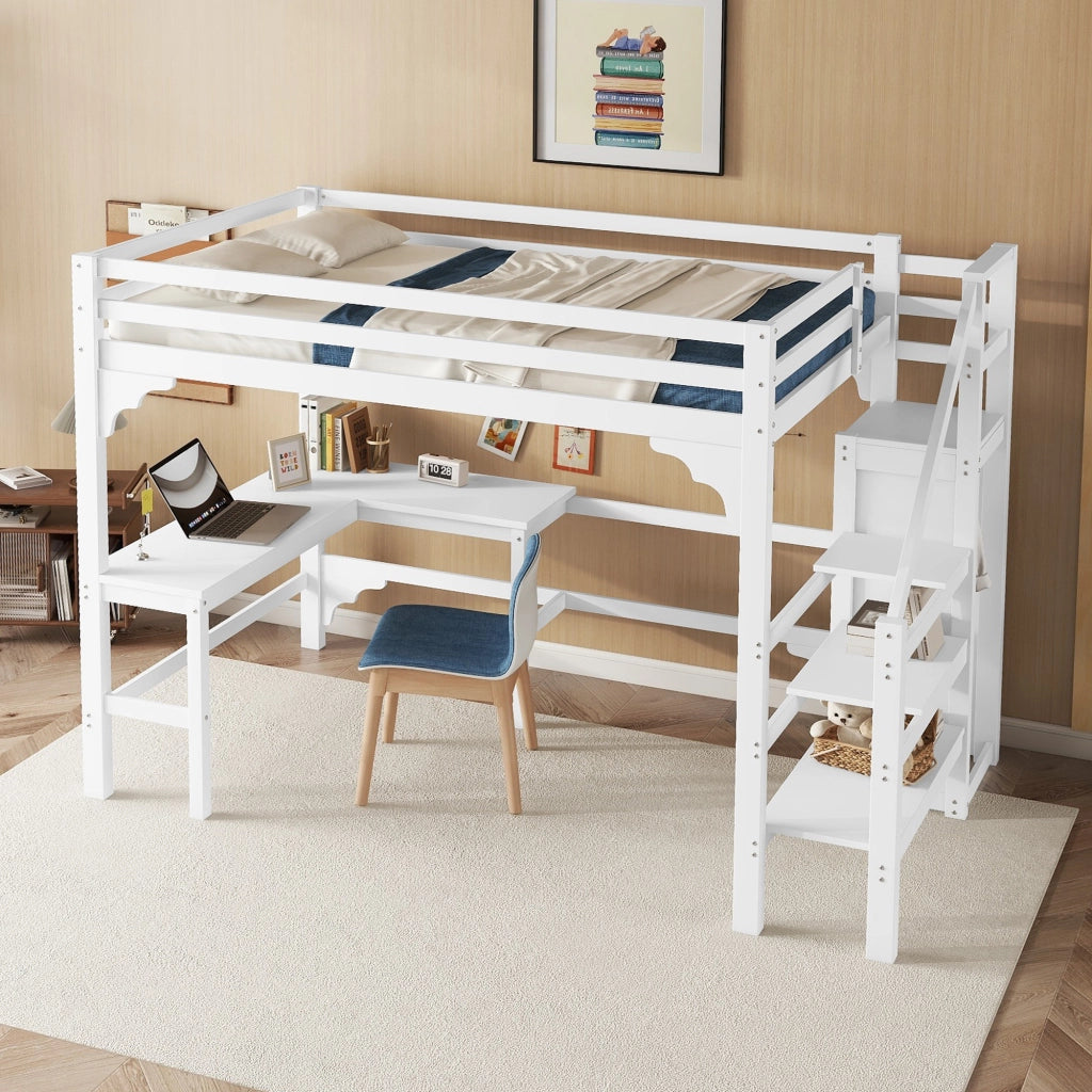 Letto a castello bianco con scrivania a L funzione contenitore in pino 140x200 cm
