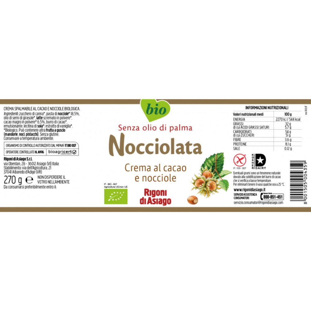 Rigoni di asiago nocciolata bio crema al cacao e nocciole vasetto 270 grammi