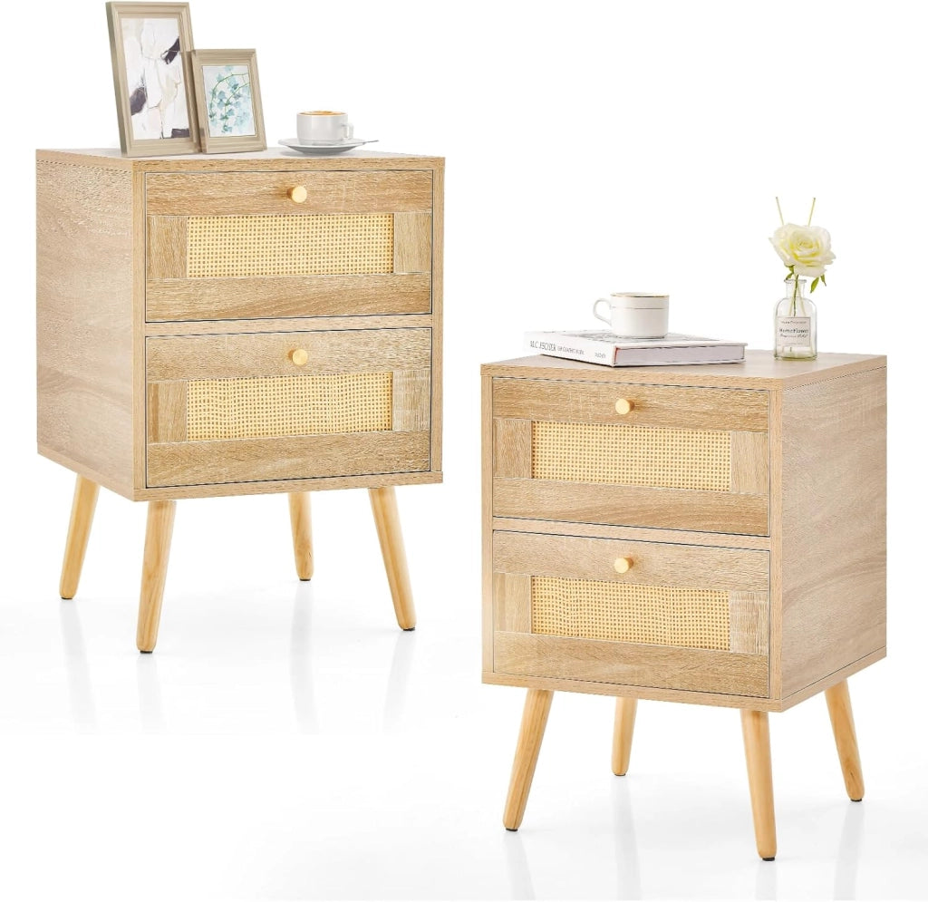 Comodino in Rattan con 2 Cassetti, Tavolini Laterali Moderni con Gambe in Legno Massello, per Soggiorno e Camera da Letto, 40 x 40 x 59 cm (2)